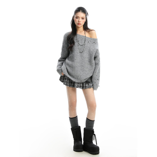 BIGGOLD韓系柳釘珍珠斜肩毛衣女秋冬慵懶感軟糯針織衫寬松上衣ins BIGGOLD韓系柳釘珍珠斜肩毛衣女秋冬慵懶感軟糯針織衫寬松上衣ins