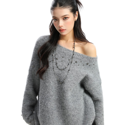 BIGGOLD韓系柳釘珍珠斜肩毛衣女秋冬慵懶感軟糯針織衫寬松上衣ins BIGGOLD韓系柳釘珍珠斜肩毛衣女秋冬慵懶感軟糯針織衫寬松上衣ins