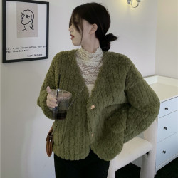 高級感仿羊羔毛軟糯外套秋冬2022新款加厚保暖V領洋氣ins上衣女裝