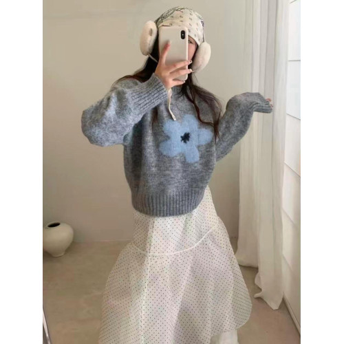 韓系花朵提花圓領毛衣女2025秋冬寬松洋氣短款套頭毛針織衫上衣潮