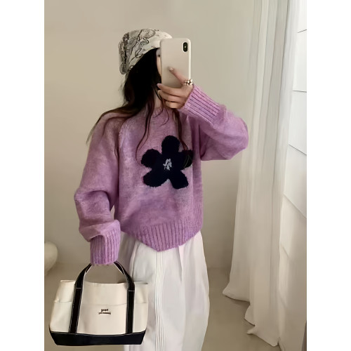 韓系花朵提花圓領毛衣女2025秋冬寬松洋氣短款套頭毛針織衫上衣潮