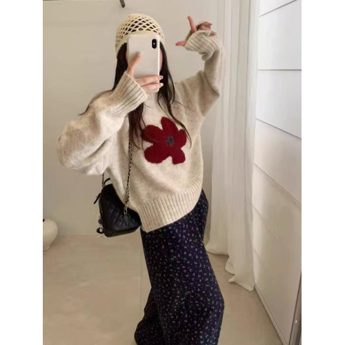 韓系花朵提花圓領毛衣女2025秋冬寬松洋氣短款套頭毛針織衫上衣潮