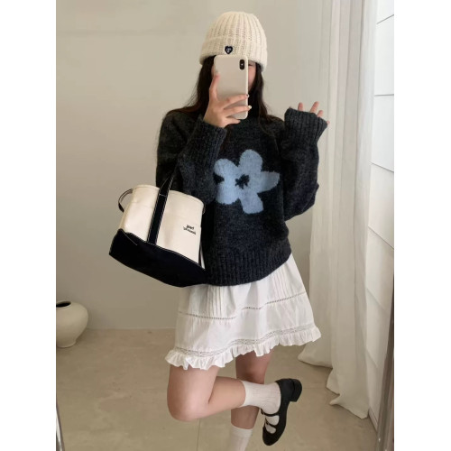 韓系花朵提花圓領毛衣女2025秋冬寬松洋氣短款套頭毛針織衫上衣潮