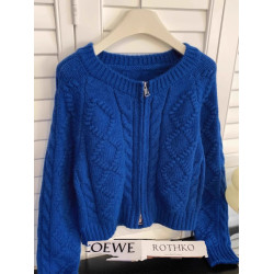 復古克萊因藍麻花短款開衫毛衣女秋冬季寬松拉鍊針織上衣慵懶外套