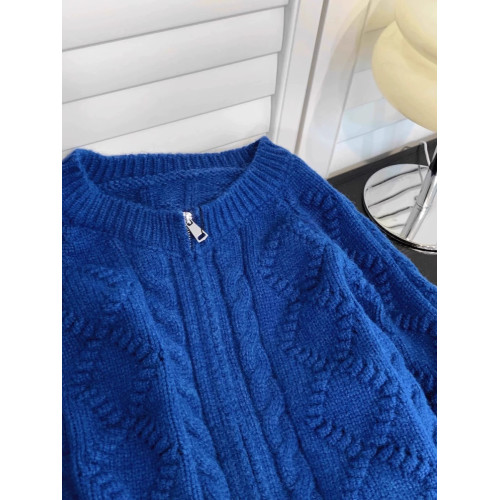 復古克萊因藍麻花短款開衫毛衣女秋冬季寬松拉鍊針織上衣慵懶外套 復古克萊因藍麻花短款開衫毛衣女秋冬季寬松拉鍊針織上衣慵懶外套