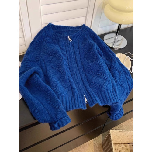 復古克萊因藍麻花短款開衫毛衣女秋冬季寬松拉鍊針織上衣慵懶外套 復古克萊因藍麻花短款開衫毛衣女秋冬季寬松拉鍊針織上衣慵懶外套