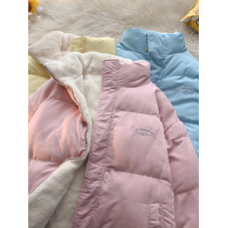 冬季羽絨服女雙面穿加厚加絨兔毛軟fufu小個子學生麵包服外套潮牌