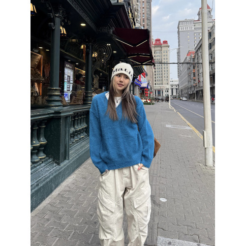 川川也 美式V領仿貂毛寬鬆慵懶風毛衣男女復古休閒顯瘦針織衫上衣 川川也 美式V領仿貂毛寬鬆慵懶風毛衣男女復古休閒顯瘦針織衫上衣