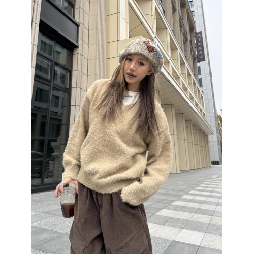 川川也 美式V領仿貂毛寬鬆慵懶風毛衣男女復古休閒顯瘦針織衫上衣 川川也 美式V領仿貂毛寬鬆慵懶風毛衣男女復古休閒顯瘦針織衫上衣