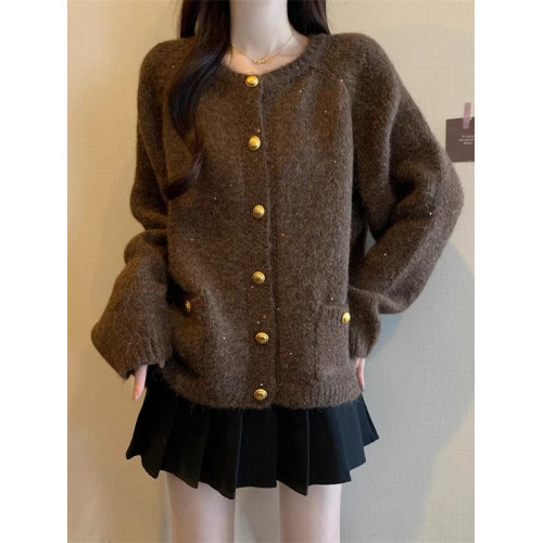 韓系慵懶風彩點毛衣外套女2024秋冬新款大碼胖mm金釦針織開衫上衣