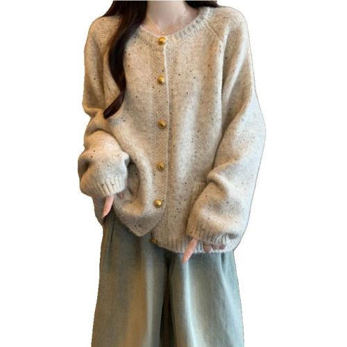 韓系慵懶風彩點毛衣外套女2024秋冬新款大碼胖mm金釦針織開衫上衣