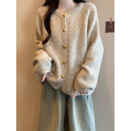 韓系慵懶風彩點毛衣外套女2024秋冬新款大碼胖mm金釦針織開衫上衣