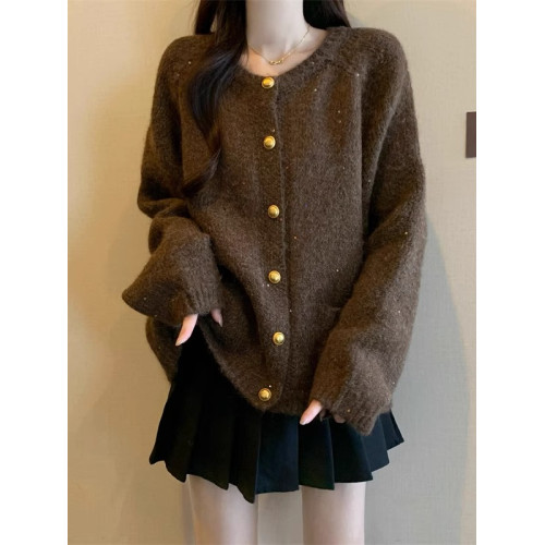 韓系慵懶風彩點毛衣外套女2024秋冬新款大碼胖mm金釦針織開衫上衣