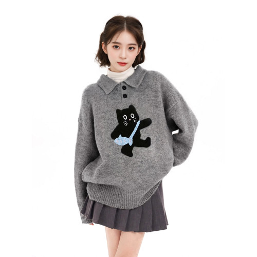 灰色POLO翻領貓咪套頭內搭毛衣女秋冬季加厚寬松慵懶高級感針織衫 灰色POLO翻領貓咪套頭內搭毛衣女秋冬季加厚寬松慵懶高級感針織衫