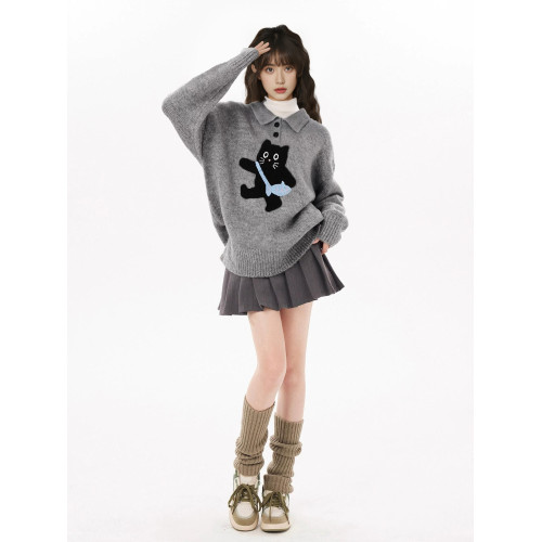 灰色POLO翻領貓咪套頭內搭毛衣女秋冬季加厚寬松慵懶高級感針織衫 灰色POLO翻領貓咪套頭內搭毛衣女秋冬季加厚寬松慵懶高級感針織衫