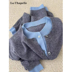 拉夏貝爾格雷系假兩件圓領針織衫女秋季不起球毛衣曡穿內搭上衣