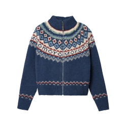 費爾島拉鍊慵懶風藍色毛衣外套女秋冬季2025新款復古針織開衫上衣