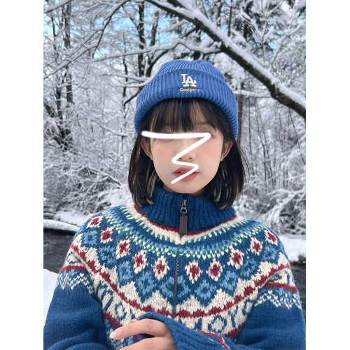 費爾島拉鍊慵懶風藍色毛衣外套女秋冬季2025新款復古針織開衫上衣