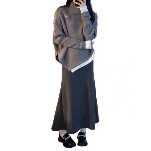 高級設計感高領不規則毛衣女秋冬韓系穿搭寬松慵懶風針織鬭篷上衣