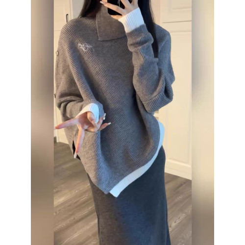 高級設計感高領不規則毛衣女秋冬韓系穿搭寬松慵懶風針織鬭篷上衣