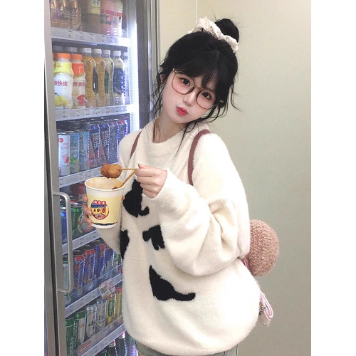 卡通貓咪馬海毛毛衣女秋冬潮牌美式復古寬松慵懶風內搭針織衫上衣