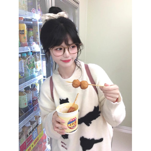 卡通貓咪馬海毛毛衣女秋冬潮牌美式復古寬松慵懶風內搭針織衫上衣