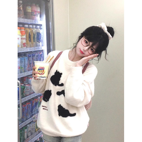 卡通貓咪馬海毛毛衣女秋冬潮牌美式復古寬松慵懶風內搭針織衫上衣