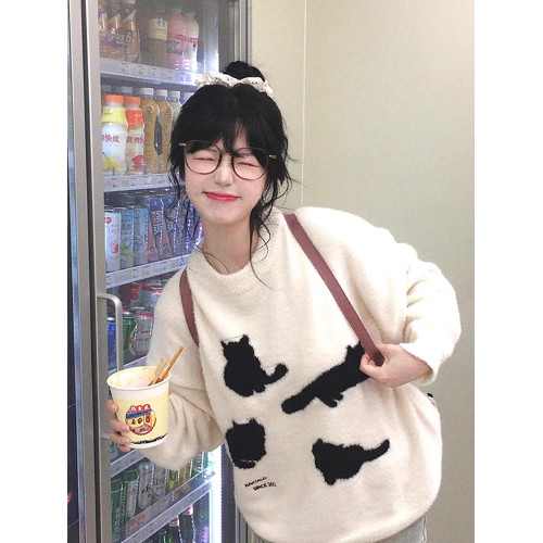卡通貓咪馬海毛毛衣女秋冬潮牌美式復古寬松慵懶風內搭針織衫上衣