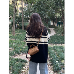 高級感毛衣女加厚慵懶2025新款韓系秋冬圓領寬松條紋撞色外套上衣