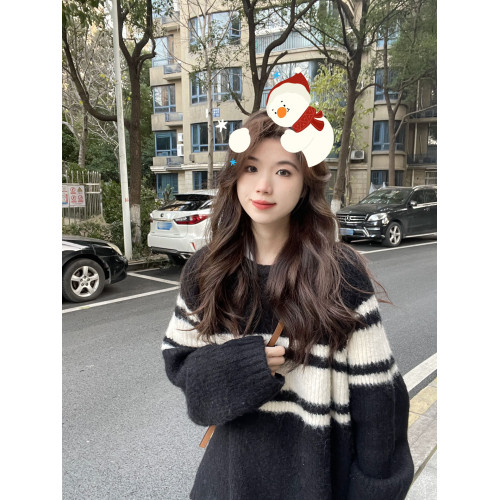 高級感毛衣女加厚慵懶2025新款韓系秋冬圓領寬松條紋撞色外套上衣