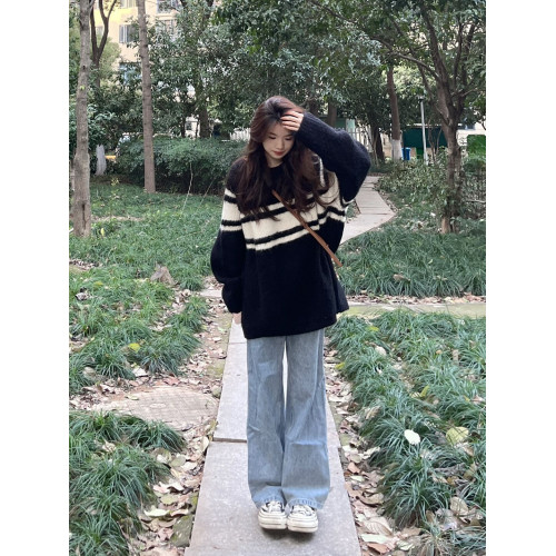 高級感毛衣女加厚慵懶2025新款韓系秋冬圓領寬松條紋撞色外套上衣