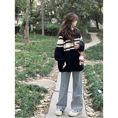 高級感毛衣女加厚慵懶2025新款韓系秋冬圓領寬松條紋撞色外套上衣