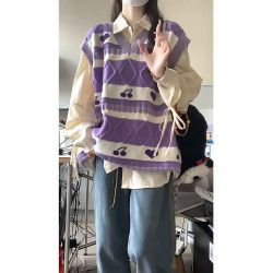 胖MM200斤特大碼日系紫色百搭針織馬甲背心ins寬松曡穿襯衫兩件套