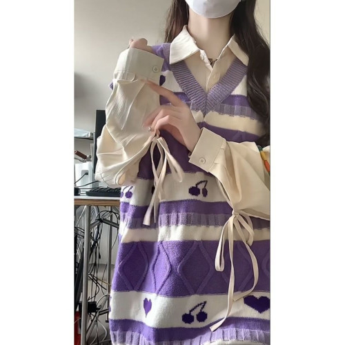 胖MM200斤特大碼日系紫色百搭針織馬甲背心ins寬松曡穿襯衫兩件套