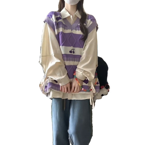 胖MM200斤特大碼日系紫色百搭針織馬甲背心ins寬松曡穿襯衫兩件套