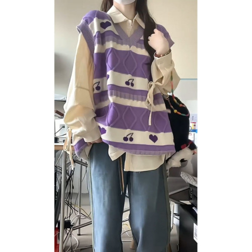 胖MM200斤特大碼日系紫色百搭針織馬甲背心ins寬松曡穿襯衫兩件套