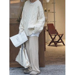 秋冬復古慵懶風寬松套頭絞麻花內搭底外穿白色加厚針織衫毛衣女