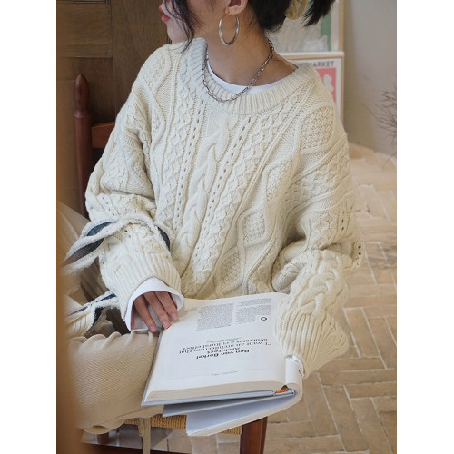 秋冬復古慵懶風寬松套頭絞麻花內搭底外穿白色加厚針織衫毛衣女