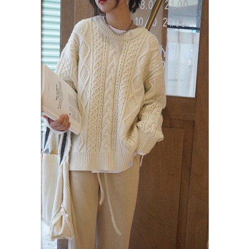 秋冬復古慵懶風寬松套頭絞麻花內搭底外穿白色加厚針織衫毛衣女