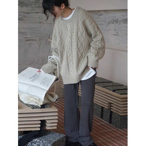 秋冬復古慵懶風寬松套頭絞麻花內搭底外穿白色加厚針織衫毛衣女