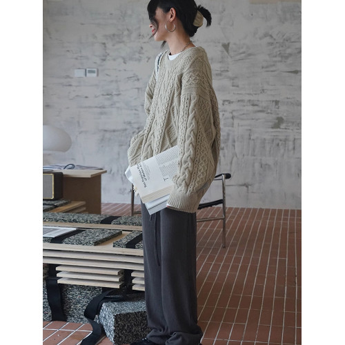 秋冬復古慵懶風寬松套頭絞麻花內搭底外穿白色加厚針織衫毛衣女