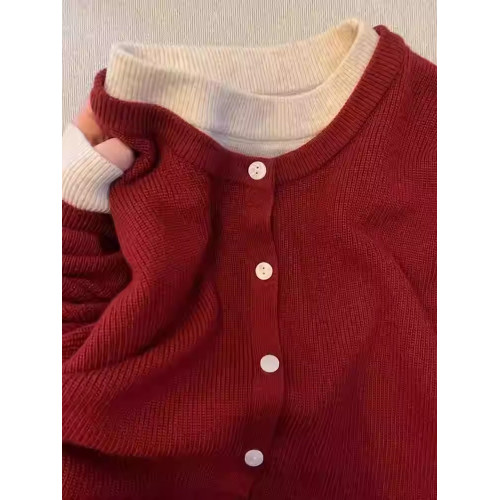 2025新款高級感假兩件針織衫女秋冬慵懶風紅色毛衣開衫設計感上衣