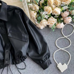 韓版復古bf風寬松版皮衣外套女2025秋新款大口袋修身短款機車夾克