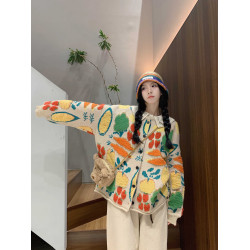 大碼女裝秋冬裝新款甜美蔬菜花多巴胺寬松慵懶風毛衣外套針織開衫