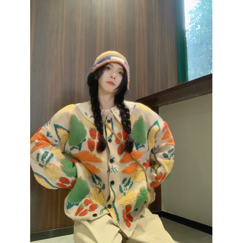 大碼女裝秋冬裝新款甜美蔬菜花多巴胺寬松慵懶風毛衣外套針織開衫