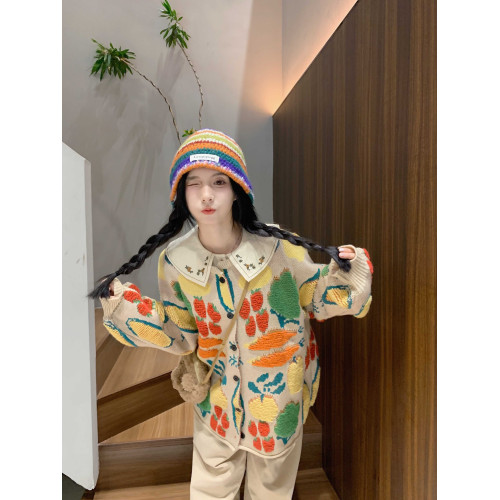 大碼女裝秋冬裝新款甜美蔬菜花多巴胺寬松慵懶風毛衣外套針織開衫