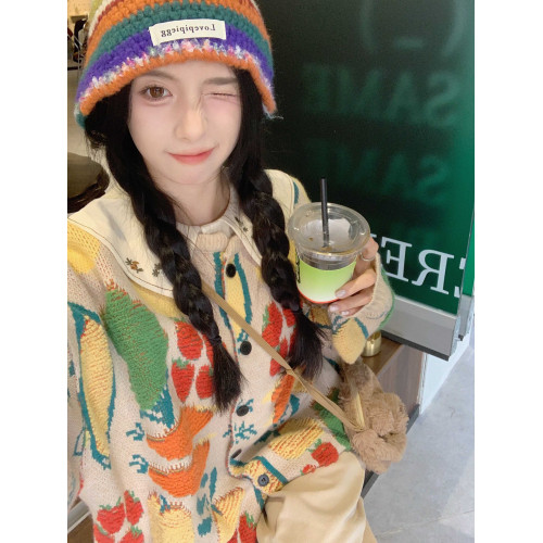 大碼女裝秋冬裝新款甜美蔬菜花多巴胺寬松慵懶風毛衣外套針織開衫