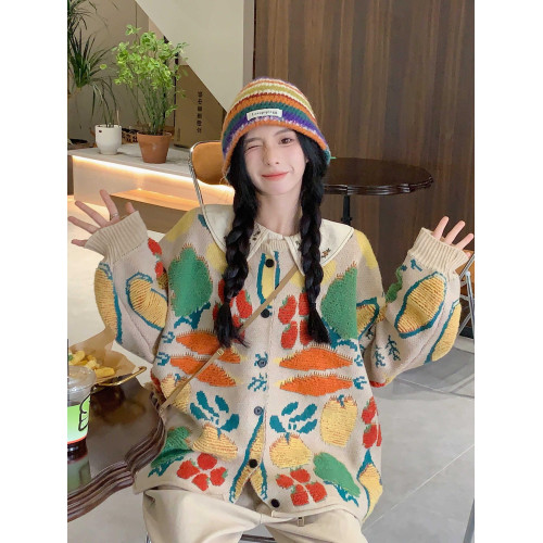 大碼女裝秋冬裝新款甜美蔬菜花多巴胺寬松慵懶風毛衣外套針織開衫
