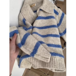 歐貨小衆藍色條紋polo翻領長袖軟糯針織衫毛衣女秋冬慵懶套頭上衣