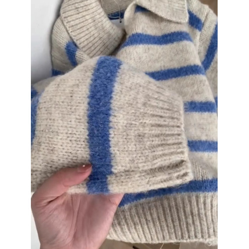 歐貨小衆藍色條紋polo翻領長袖軟糯針織衫毛衣女秋冬慵懶套頭上衣 歐貨小衆藍色條紋polo翻領長袖軟糯針織衫毛衣女秋冬慵懶套頭上衣